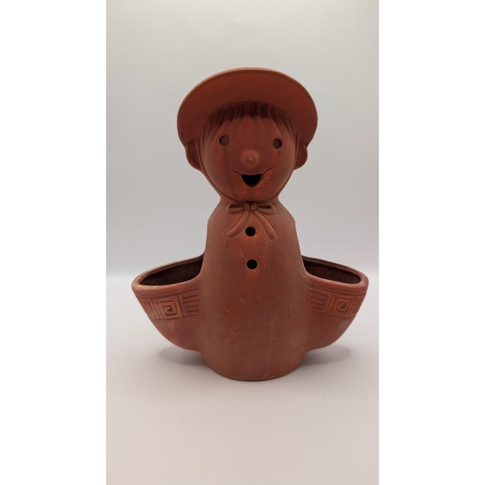 Vintage Japanese Terracotta Boy Figurine Double Pocket Planter Clay Statue